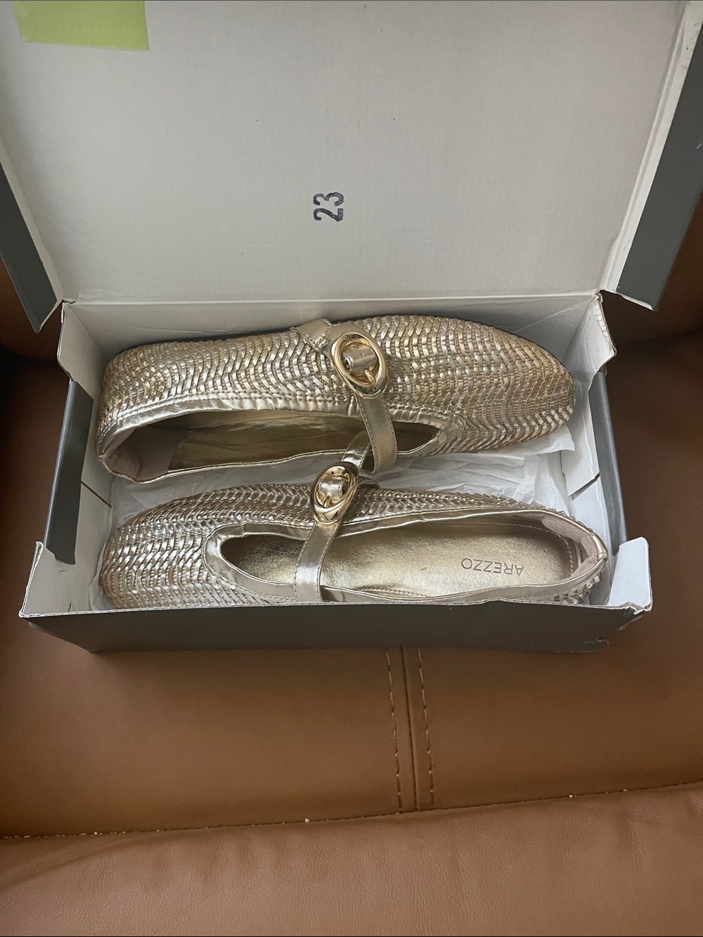 AREZZO Metallic Gold Woven Mary Jane Flats with Buckle
